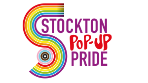 Stockton Pop-Up Pride logo, a large S in rainbow colours. Text in purple and red.