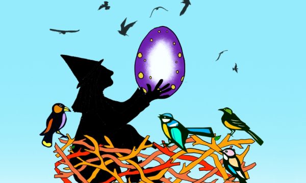 A silhouette of a witch sits in a nest holding up a large colourful egg. She is surrounded by colourful birds and a flock of silhouette birds.