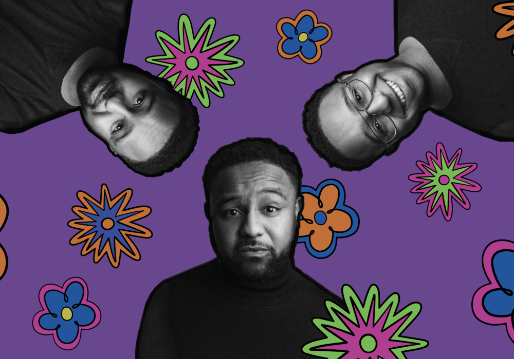 three black and white headshots coming in from different sides of the image, on a purple background with colourful drawings of flowers and star type splashes.