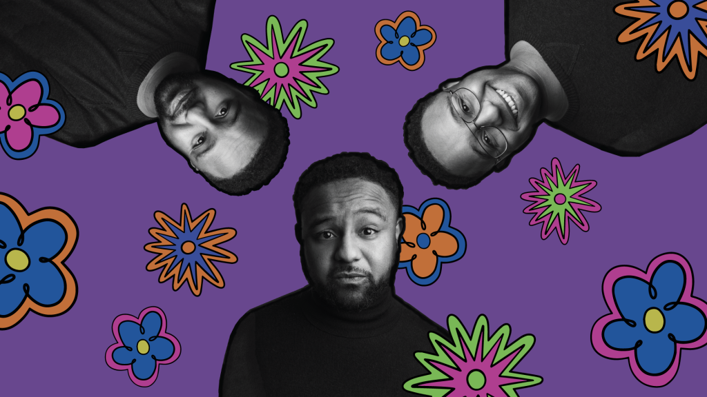 three black and white headshots coming in from different sides of the image, on a purple background with colourful drawings of flowers and star type splashes.