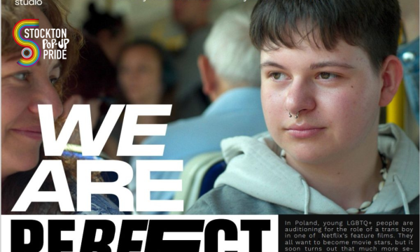 Image of a white person with brown hair wearing a light-coloured hoodie. To their left a white person with brown curly hair. Image also shows the Stockton Pop-Up Pride logo.