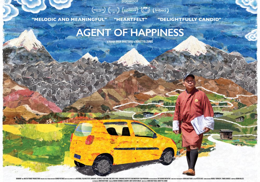 Agent of Happiness film poster. A yellow car with a background of mountains and blue sky made from collage.