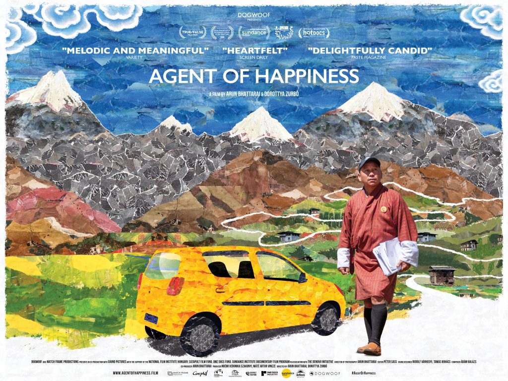 Agent of Happiness film poster. A yellow car with a background of mountains and blue sky made from collage.