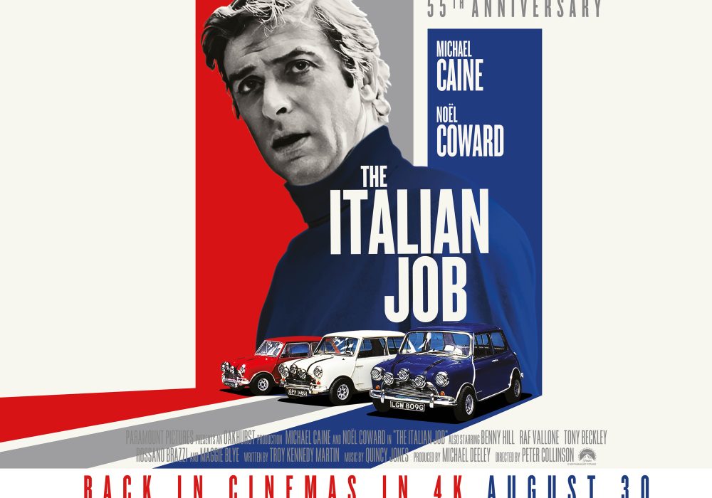 The Italian Job cinema poster showing Michael Caine in black & white with 3 Mini Cooper cars in Red, White and Blue.