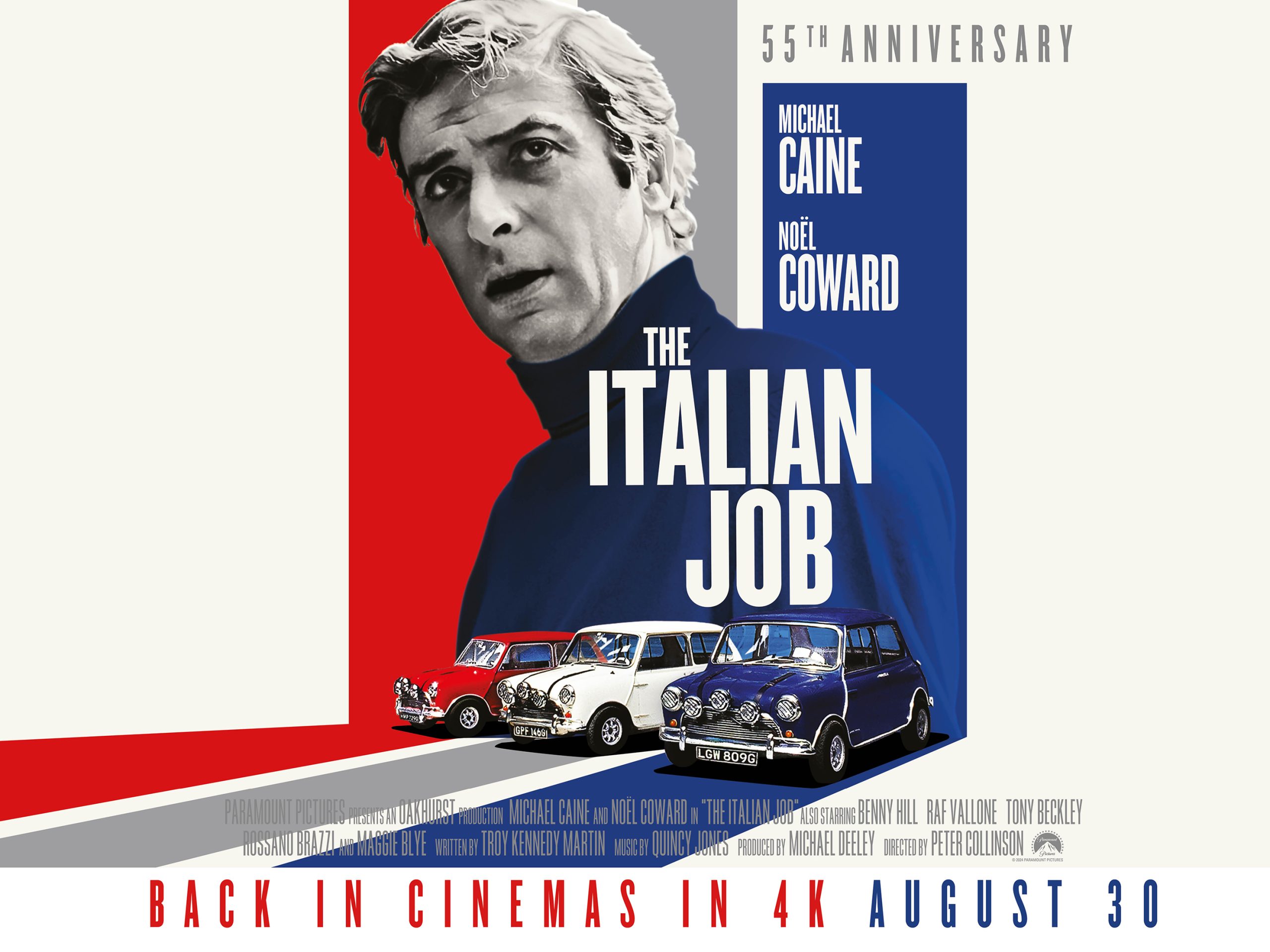 The Italian Job cinema poster showing Michael Caine in black & white with 3 Mini Cooper cars in Red, White and Blue.