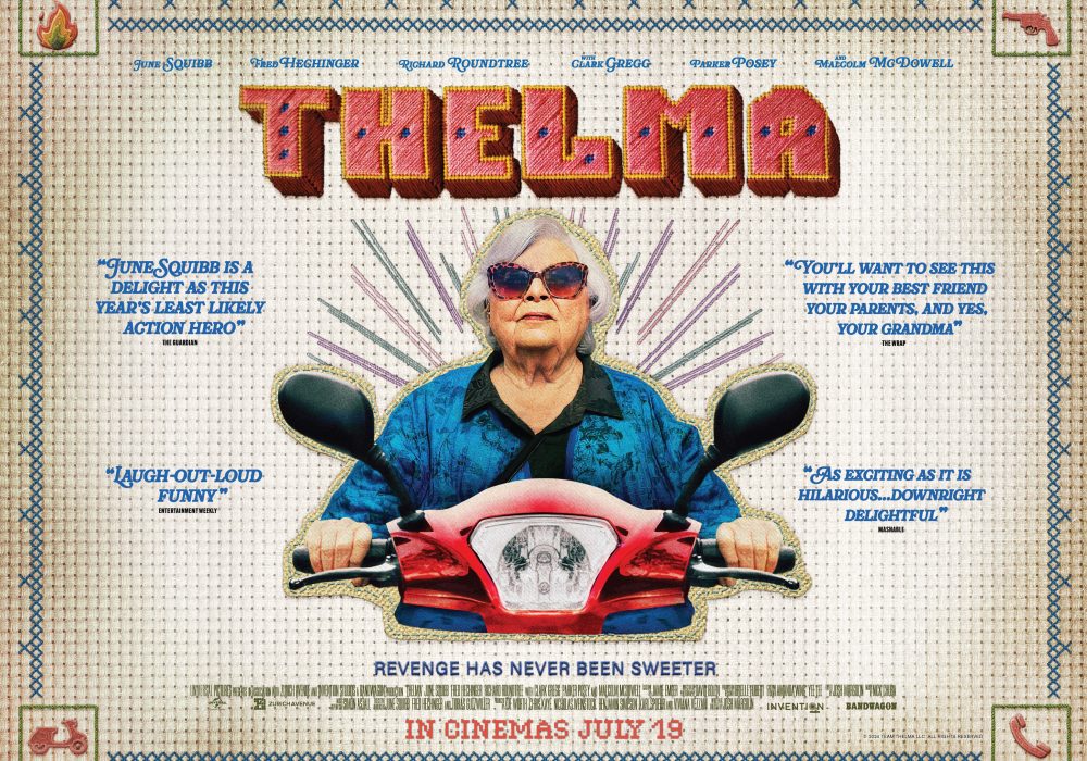 White older woman with bobbed white/grey hair wearing sun glasses and a blue top. She is sat on a red scooter with a cross-stitch background saying Thelma.