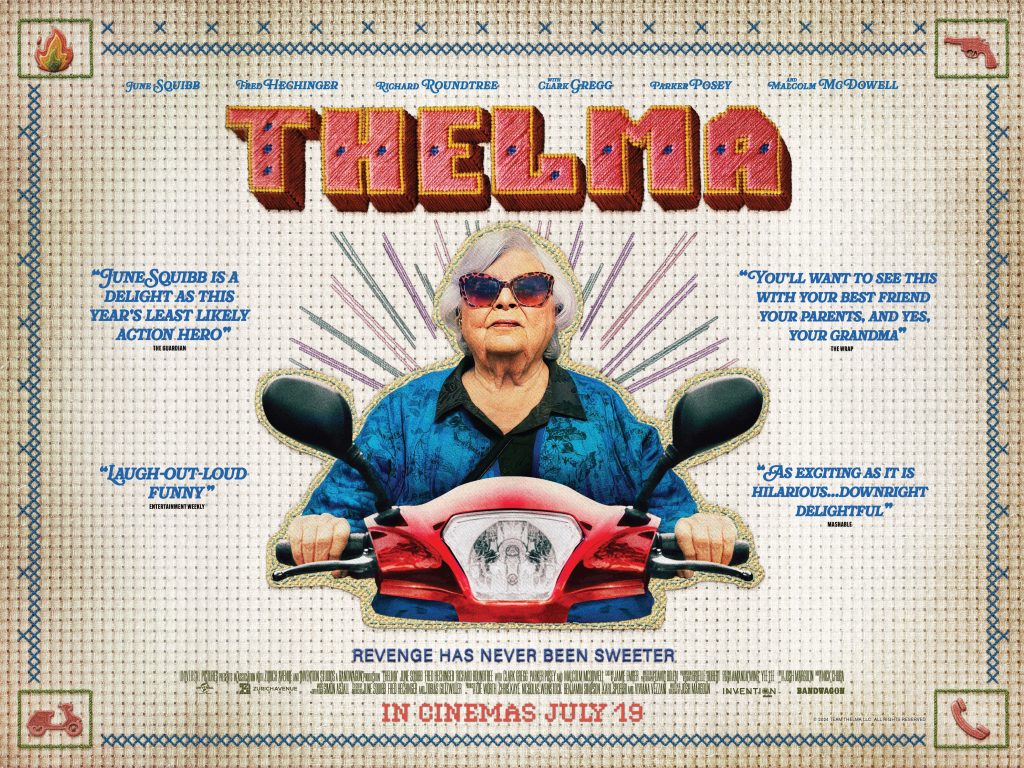 White older woman with bobbed white/grey hair wearing sun glasses and a blue top. She is sat on a red scooter with a cross-stitch background saying Thelma.