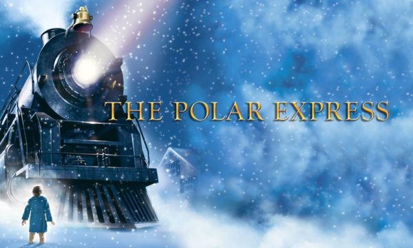 The Polar Express a black train with the outline of a person.