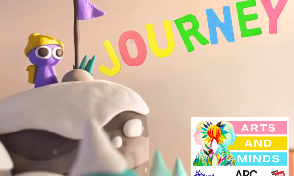 'JOURNEY' in different coloured letters, with a small purple plasticine type character with a purple flag. The Arts and Minds log sits in the bottom right hand corner, with the Mind Teesside, ARC Stockton, and Comic Relief logos.