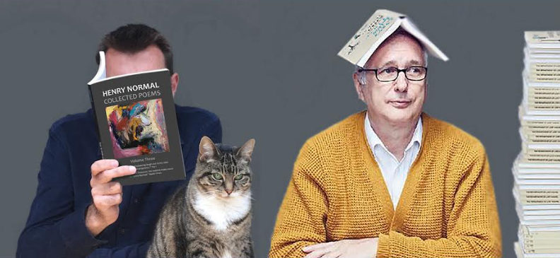 An image of Brian Bilston (his face obscured by a open copy of Henry Normal's Collected Poems), and Henry Normal sitting alongside him with an open book on top of his head. There is a tabby cat sitting in between them.