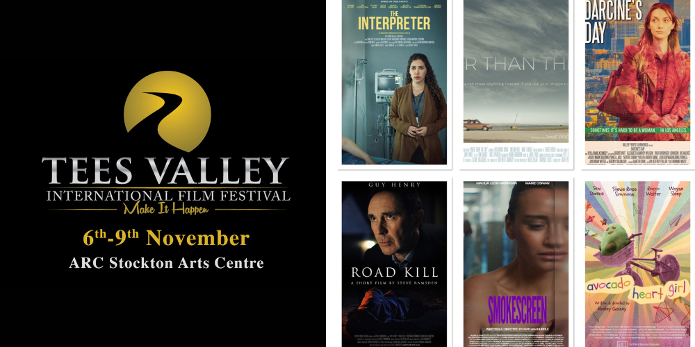 Tees Valley International Film Festival logo and dates 6-9 November, plus a collage of 6 promo images for the films in the Drama (Block 1) category