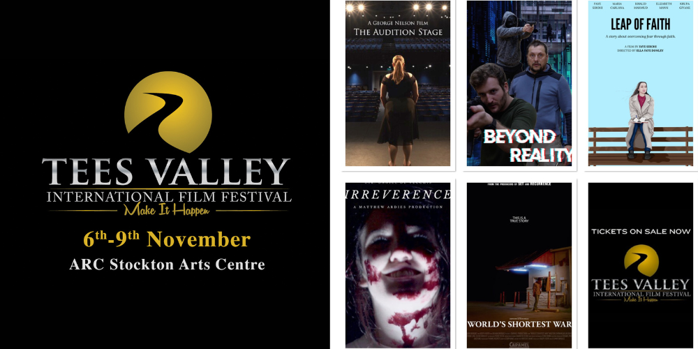 Tees Valley International Film Festival logo and dates 6-9 November, plus a collage of 6 promo images for the films in the First Time category