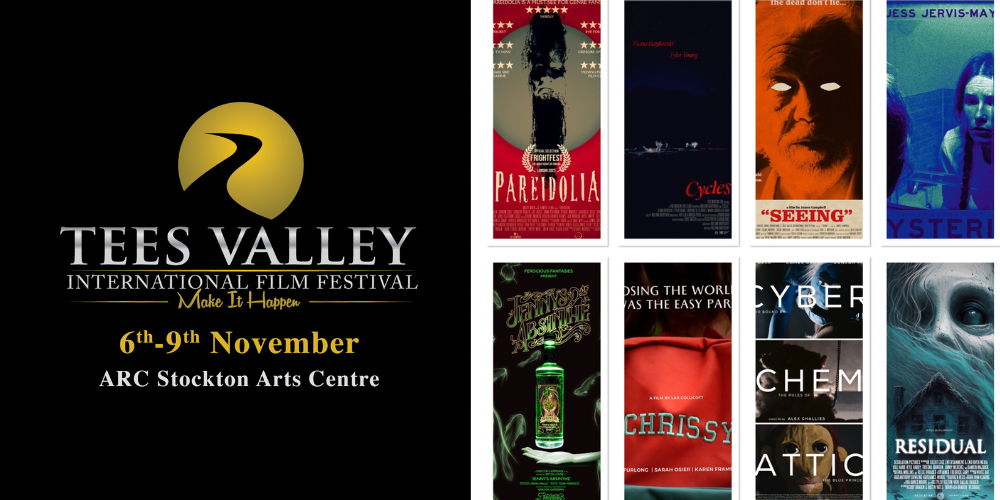 Tees Valley International Film Festival logo and dates 6-9 November, plus a collage of 8 promo images for the films in the Horror category