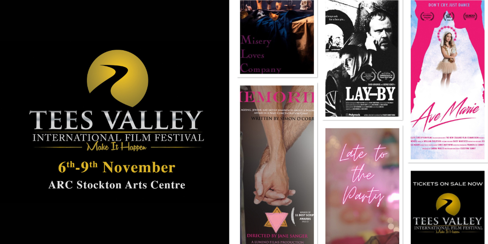 Tees Valley International Film Festival logo and dates 6-9 November, plus a collage of 5 promo images for the films in the LGBTQ+ category