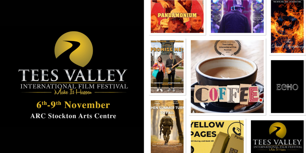 Tees Valley International Film Festival logo and dates 6-9 November, plus a collage of 8 promo images for the films in the Student category