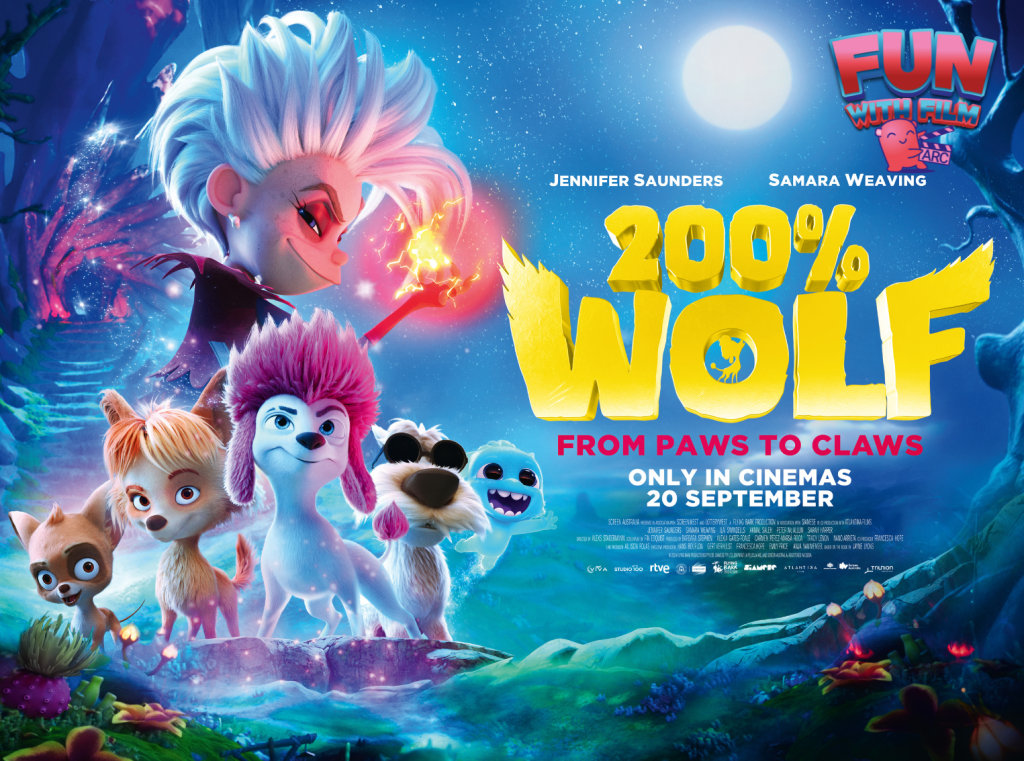 A cinema poster showing blue evening skies with a moon and an animated woman's side profile with 5 animated wolves.