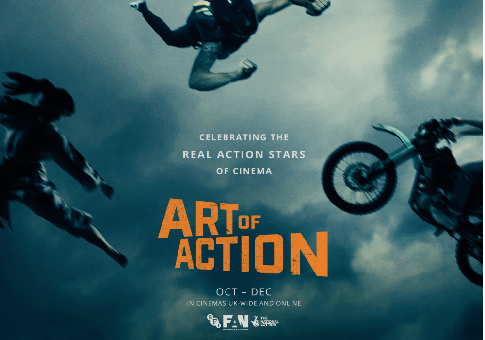 The background of the image appears to be a gloomy looking sky. To the left is a person doing a karate kick. The top shows a person skydiving. To the right is someone on a mitorbike. The text in the centre of the image is orange and reads Art of Action.