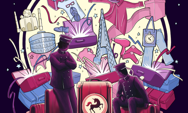 Poster image for Last Unicorn Airways, with illustrations of two baggage handlers, suitcases, and items from the suitcases.