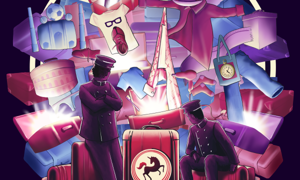 Poster image for Last Unicorn Airways, with illustrations of two baggage handlers, suitcases, and items from the suitcases.