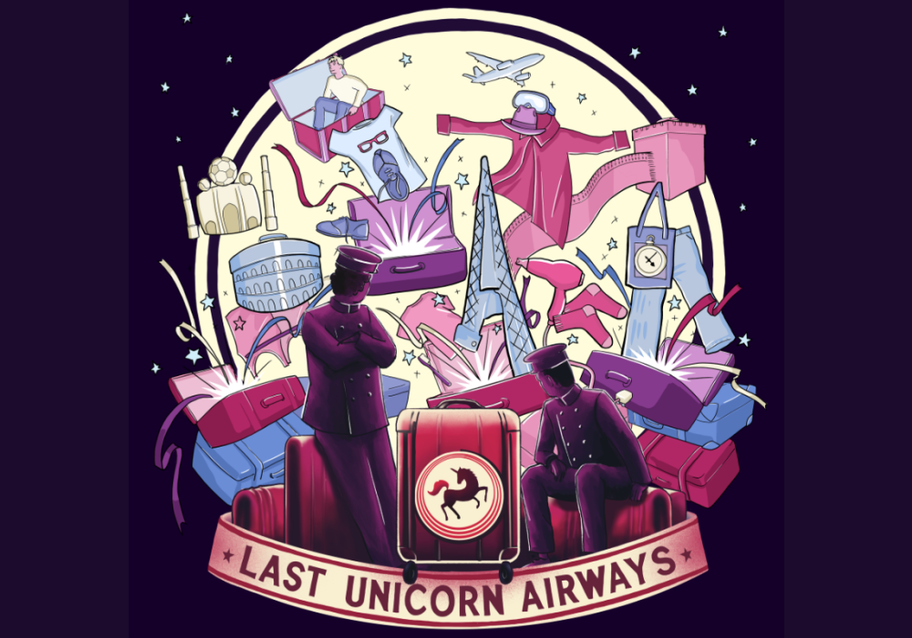 Poster image for Last Unicorn Airways, with illustrations of two baggage handlers, suitcases, and items from the suitcases.