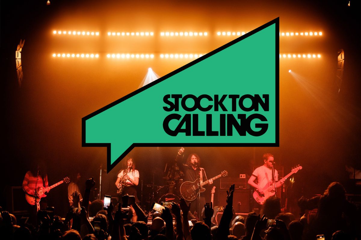 Stockton Calling's logo sits above a 4 piece band playing to a crowd of people