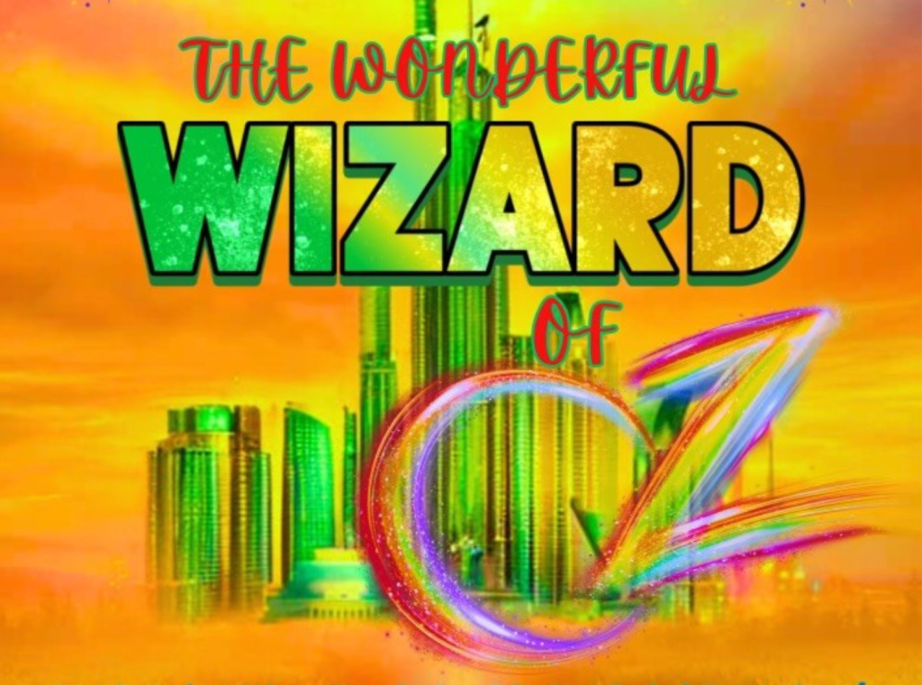 An image showing The Emerald City. The Wonderful is red text, Wizard is Green and Yellow of is Red and Oz is rainbow colours.